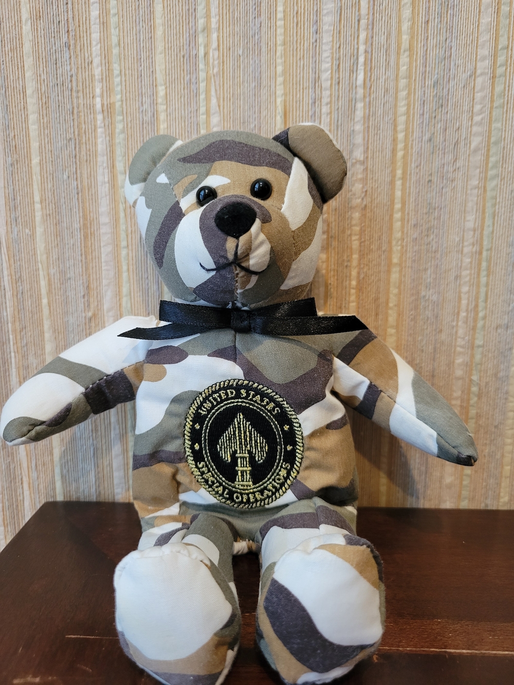 Vintage Camo Plush Bear with Embroidered Military Patch US Special Ops 2001.